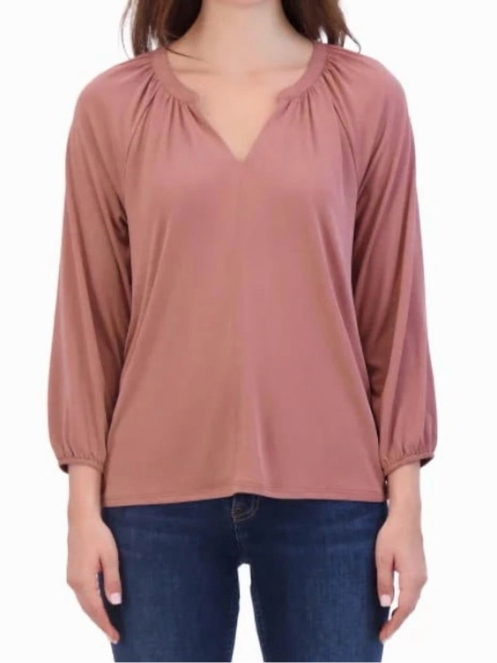 Lucky Brand Rose Brown Split-Neck, 3/4 Sleeve Top